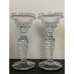 VTG Fostoria American Glass Candlestick Holders w/2 Votive Inserts Cube Pattern